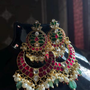 Gold plated Traditional Indian Chandbali Earrings with Red Ruby Stones and White Pearl drops