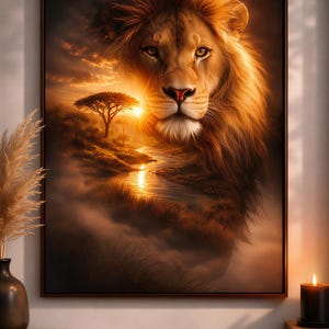 Könnte beinhalten: Gerahmter Kunstdruck mit einem majestätischen Löwen mit goldener Mähne, vor einer warmen Sonnenuntergangslandschaft. Das Kunstwerk zeigt einen Fluss, einen einzelnen Baum und einen lebendigen Himmel, wodurch eine ruhige und kraftvolle Szene entsteht.