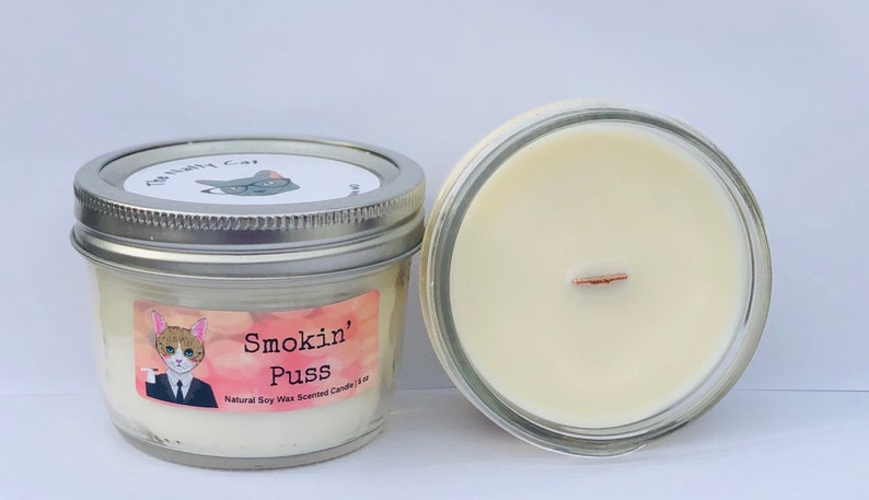 Smokin Puss Natural Soy Wax Bougie de chat parfumée avec mèche en bois image 1