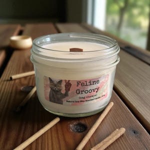 Cat Candle Feline Groovy Cire 100 % naturelle cultivée localement combinée à des huiles parfumées de première qualité.