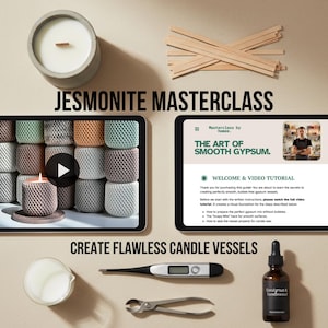 May include: An overhead shot features a candle, wooden sticks, and a tablet displaying "JESMONITE MASTERCLASS" and "CREATE FLAWLESS CANDLE VESSELS." Other items include a beaker, thermometer, dropper bottle, and tools, suggesting a crafting theme.