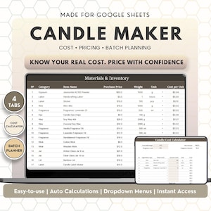 May include: A digital spreadsheet template for Google Sheets titled Candle Maker, featuring sections for cost, pricing, and batch planning. The interface displays a Materials and Inventory table with columns for category, item name, price, and weight.