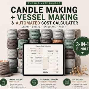 May include: An advertisement for a candle and vessel making bundle. The image features a stack of decorative vessels in various colors, a lit candle, and a tablet displaying a cost calculator. Text includes "Candle Making", "Vessel Making", and "Automated Cost Calculator".