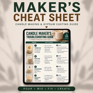 Könnte beinhalten: Ein digitaler Kerzenherstellungsleitfaden mit dem Titel "Maker's Cheat Sheet" wird auf einem Tablet angezeigt. Der Leitfaden enthält Tipps zur Fehlerbehebung für häufige Probleme bei der Kerzenherstellung wie Tunneling und Frosting mit einfachen Lösungen.
