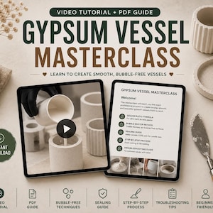 May include: An advertisement for a gypsum vessel masterclass. The image shows two tablets displaying the course content, along with finished vessels, tools, and the text "Gypsum Vessel Masterclass". The course includes a video tutorial and PDF guide.
