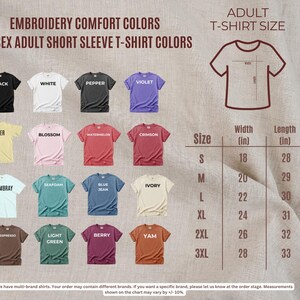 a collection of t-shirt colors and sizes, including adult short sleeve t-shirts in various styles and brands.