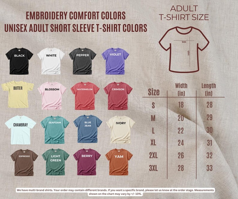 a collection of t-shirt colors and sizes, including adult short sleeve t-shirts in various styles and brands.