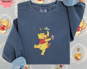 Embroidered Pooh And Butterfly Sweatshirt, Vintage Pooh Crewneck, Bear and Butterfly Sweater, Disneyland Outfit