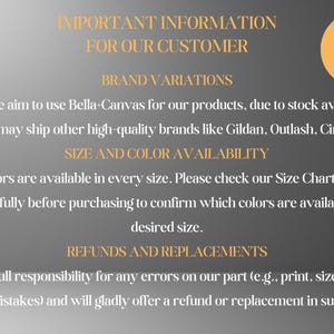 important information for customers regarding brand variations, size and color availability, and refunds and replacements.