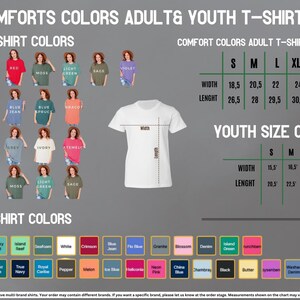 The image is a colorful guide for choosing and ordering adult and youth t-shirt colors, providing size charts and a list of available colors for both types of shirts.
