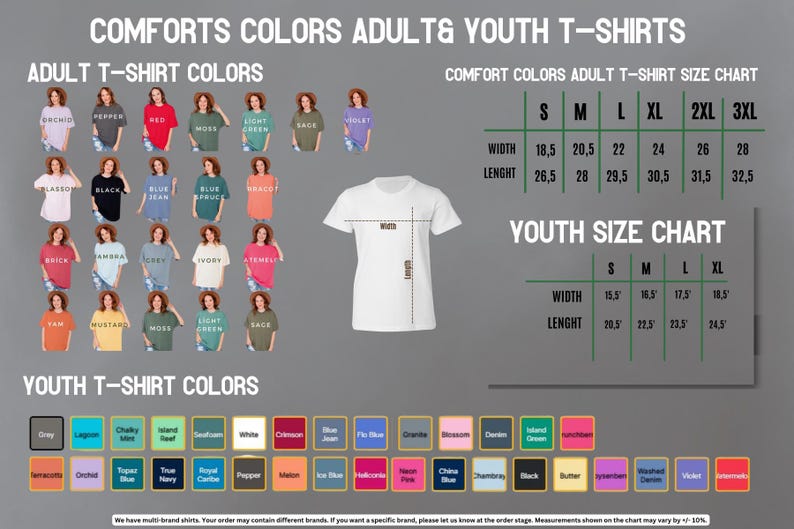 The image is a colorful guide for choosing and ordering adult and youth t-shirt colors, providing size charts and a list of available colors for both types of shirts.