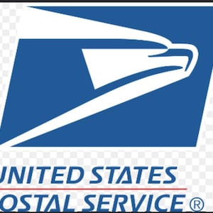 May include: The United States Postal Service logo features a stylised white eagle head silhouette facing right, set against a blue parallelogram. Below the graphic, the text UNITED STATES POSTAL SERVICE is printed in blue, with a red horizontal line above.