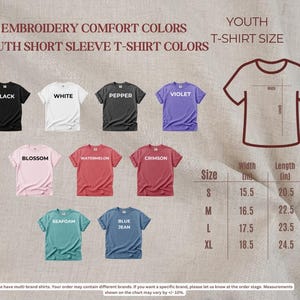 a collection of youth short sleeve t-shirt colors and sizes, along with a chart that provides the corresponding measurements.