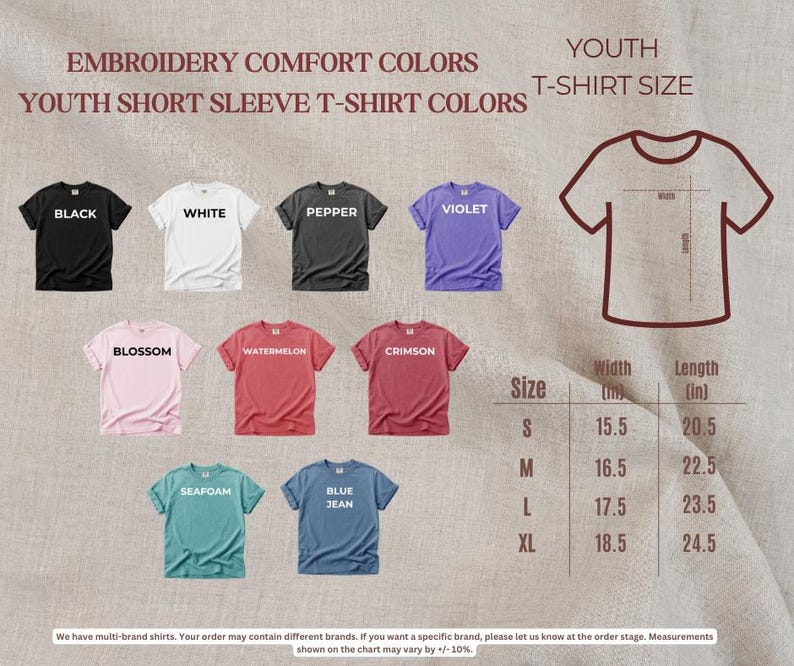 a collection of youth short sleeve t-shirt colors and sizes, along with a chart that provides the corresponding measurements.