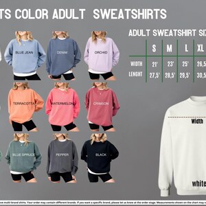 The image is a color adult sweatshirt size chart, showing different color options and corresponding sizes for each color.