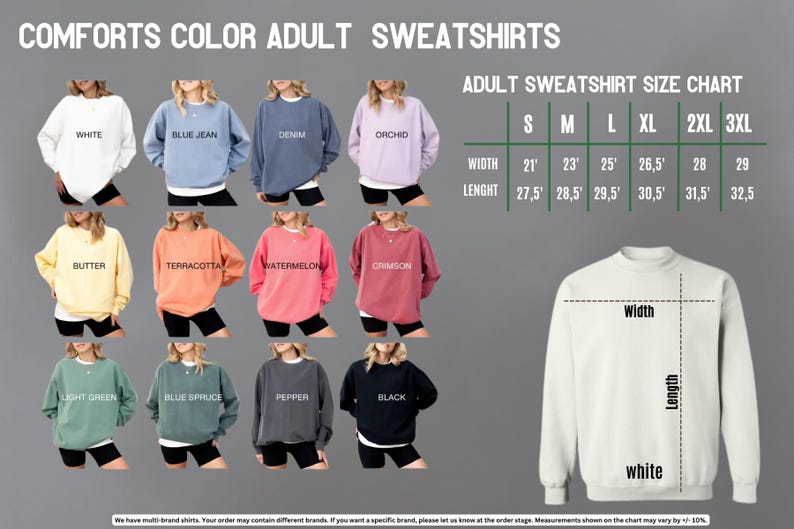 The image is a color adult sweatshirt size chart, showing different color options and corresponding sizes for each color.