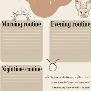May include: A digital routine planner template featuring a beige background, a line-art bull illustration, and the text "Routine planner". It includes sections for "Morning routine", "Evening routine", and "Nighttime routine" with lined spaces.