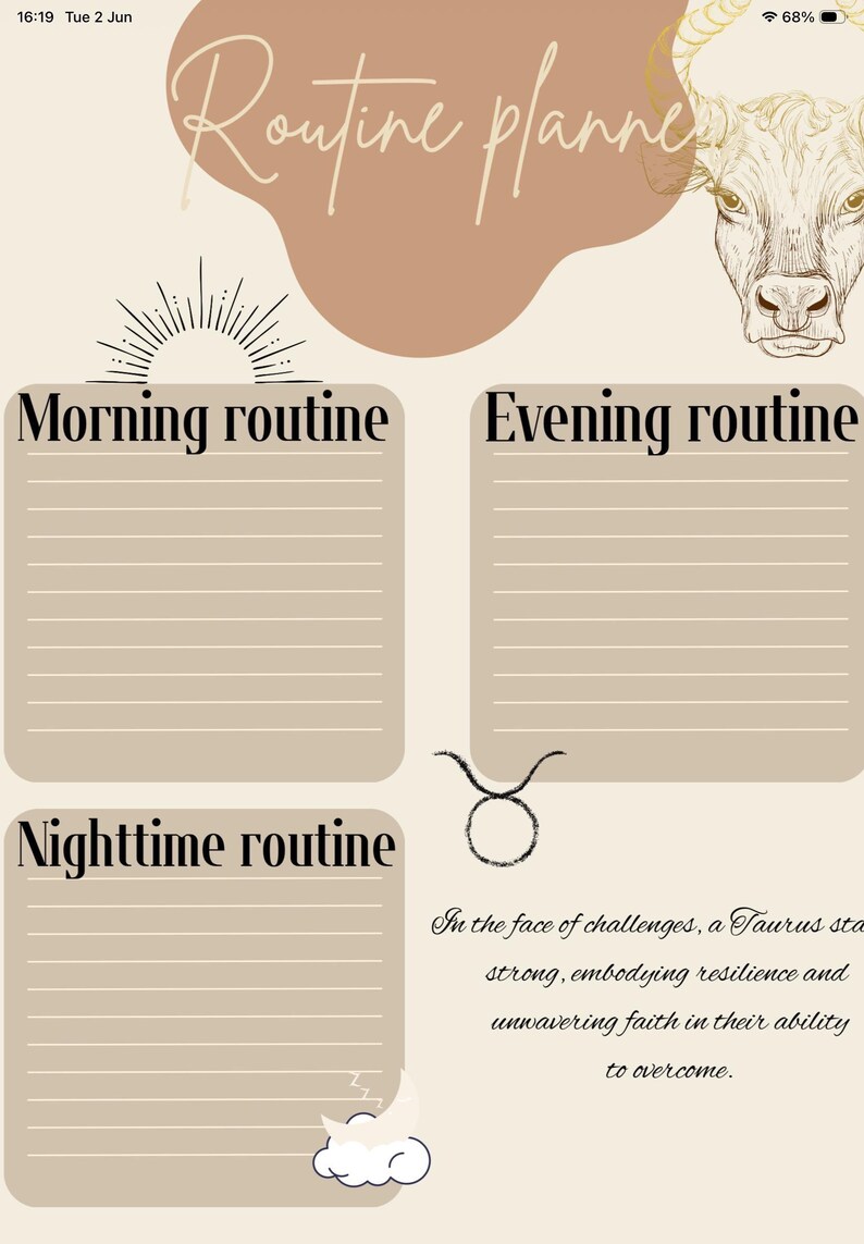 May include: A digital routine planner template featuring a beige background, a line-art bull illustration, and the text "Routine planner". It includes sections for "Morning routine", "Evening routine", and "Nighttime routine" with lined spaces.