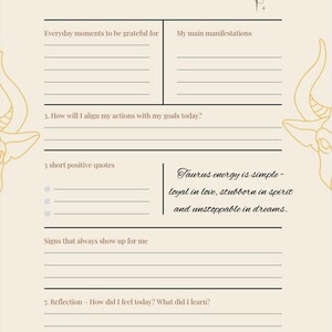 May include: A beige manifestation journal page featuring the title Manifestation Journal, sections for gratitude, manifestations, daily goals, positive quotes, and reflections. The page includes bull illustrations and text about Taurus energy.