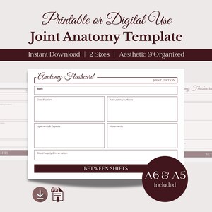 May include: A printable or digital Joint Anatomy Template with the text "Instant Download" and "2 Sizes". The template includes a flashcard design with sections for joint classification, articulating surfaces, ligaments, and movements. A6 & A5 sizes are included.