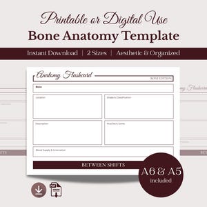 Szablon anatomii kości w formacie PDF | Fiszki medyczne | Powtórka z pielęgniarstwa (pobieranie cyfrowe A5/A6)