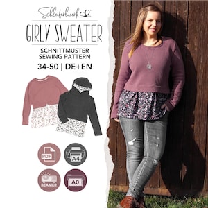 Könnte beinhalten: Ein Schnittmuster für einen Girly Sweater von Schleiferwerk, Größen 34-50 in DE und EN. Das Bild zeigt ein langärmeliges mauvefarbenes Oberteil mit Blumenmuster-Saum, einen dunkelgrauen Kapuzenpullover mit gemustertem Saum und eine Person im Modell.