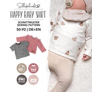 Könnte beinhalten: Ein digitales Schnittmuster für ein Baby-Shirt namens HAPPY BABY SHIRT von Schleiferwerk. Das Bild zeigt ein weißes Langarmshirt mit braunem Bärenmuster, ein einfarbig rosa Shirt und ein graues gemustertes Shirt, in den Größen 50-92.