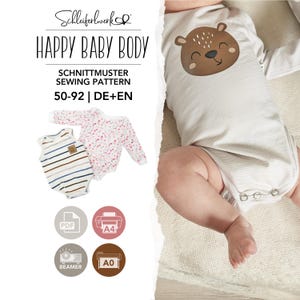 Puede incluir: Un patrón de costura digital para body de bebé etiquetado Happy Baby Body, tallas 50-92, con iconos para impresión PDF, A4, A0 y proyector. La imagen muestra un body claro con un gráfico de cara de oso marrón y dos ejemplos más pequeños.