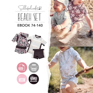Könnte beinhalten: Ein digitales Schnittmuster für ein Kinder-Strandset, beschriftet mit Schleiferwerk Beach Set Ebook 74-140. Das Set enthält kurzärmelige Oberteile und Shorts mit Blumen-, Streifen- und Kaktusmustern, verfügbar in PDF, A4, A0 und Beamer-Formaten.