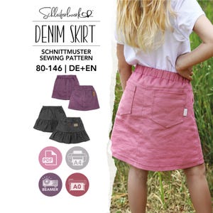 May include: A sewing pattern for a denim skirt labeled Schleiferwerk, featuring sizes 80-146 in German and English. The image displays a pink denim skirt with an elastic waistband and back pockets, alongside smaller images of skirt variations.