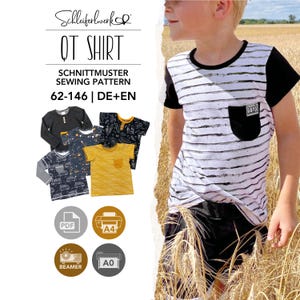 May include: A sewing pattern for a shirt titled QT SHIRT by Schleiferlwerk, featuring sizes 62-146 in German and English. The image displays a white shirt with black horizontal stripes and a black pocket, alongside various other shirt designs.
