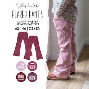 May include: A sewing pattern for flared trousers titled Schleiferwerk Flared Pants, featuring sizes 62-146 in German and English. The image displays a pair of pink corduroy flared trousers, icons for PDF, A4, A0, and beamer formats, and a photo of the trousers.