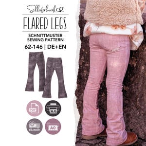 Könnte beinhalten: Ein Schnittmuster für eine Hose mit ausgestelltem Bein mit dem Titel FLARED LEGS von Schleiferwerk. Das Dokument enthält die Größen 62-146 in Deutsch und Englisch. Es zeigt Abbildungen der Hose sowie PDF, A4, A0 und Beamer-Druckoptionen.