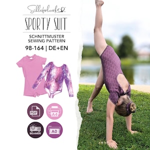 May include: A sewing pattern titled Sporty Suit 98-164 DE+EN featuring a solid pink short-sleeve leotard and a long-sleeve leotard with a purple galaxy print. The image displays a person wearing a purple leotard with a textured pattern while doing a handstand.