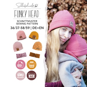 Könnte beinhalten: Ein Schnittmuster mit dem Titel Funky Head von Schleiferwerk für die Größen 36/37-58/59 auf Deutsch und Englisch. Das Bild zeigt verschiedene Mützenstile, darunter gerippte und gemusterte Designs, sowie Symbole für PDF-, A4-, A0- und Beamer-Druckformate.