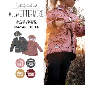 May include: A sewing pattern for an all-weather jacket labeled Schleiferwerk Allwetterjacke, sizes 104-146. The image displays a pink jacket with black spots, a gray jacket, and a pink jacket with buttons, alongside icons for PDF, A4, A0, and beamer.
