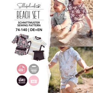 May include: A sewing pattern for a beach set labelled Schleiferwerk Beach Set Schnittmuster Sewing Pattern 74-140 DE+EN. The set includes illustrations of short-sleeved swim tops and shorts with floral, striped, and cactus patterns for children.