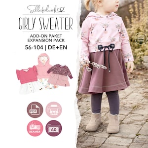 May include: A sewing pattern for a girly sweater and expansion pack, sizes 56-104, in German and English. The image displays a pink hooded sweater with a deer print, a dark mauve skirt, and leggings. Includes PDF, A4, A0, and beamer file icons.