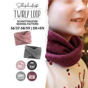以下が含まれることがあります： SchleiferwerkのTwirly Loopという型紙で、サイズは36/37-58/59、ドイツ語と英語に対応しています。画像には、ピンクの柄入りネックウォーマー、グレーのリブ編みネックウォーマー、そして無地のダークレッドのネックウォーマーを着用している人物が写っています。