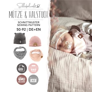 Könnte beinhalten: Ein Schnittmuster für Mütze & Halstuch in den Größen 50-92, mit dem Text Schleiferwerk, Mütze & Halstuch, Sewing Pattern, 50-92 | DE+EN. Enthält Symbole für PDF, A4, Beamer und A0 Formate sowie Abbildungen von zwei Mützen und zwei Halstüchern.