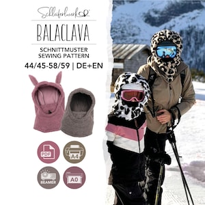 May include: A sewing pattern for a balaclava by Schleiferwerk, featuring sizes 44/45-58/59 in German and English. The image displays a pink balaclava with ears and a grey one, alongside icons for PDF, A4, Beamer, and A0 formats, plus two people wearing balaclavas.