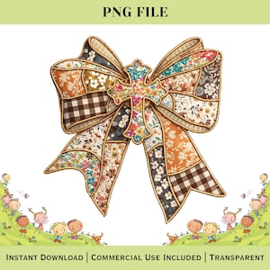 May include: A decorative bow with a patchwork design featuring floral and gingham patterns in shades of orange, brown, and white. The bow has a gold trim and a cross-shaped center. The text "PNG FILE" is at the top.