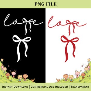 Peut inclure: Graphique numérique avec un fond divisé noir et blanc. Le côté gauche présente un nœud blanc et le mot "love" en cursive. Le côté droit a un nœud rouge et le mot "love". Les coins inférieurs ont des enfants de dessins animés.