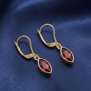 Marquise Bezel Red Lever Back Drop Dangle 14K Yellow Gold & Silver Party Wear Earring