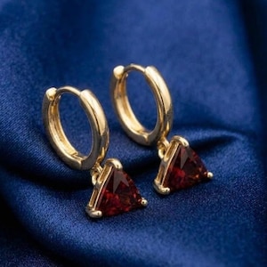 Triangle Shape Garnet Drop Dangle Earrings For Her 14K Yellow Gold & Silver Handmade Jewelry