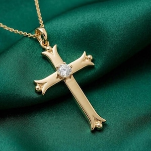 Minimalist Diamond/Moissanite Cross Religious Pendant 14K Yellow Gold & Silver Unisex Jewelry