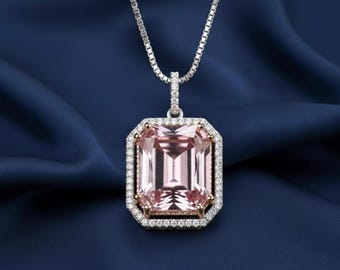 Colgante ocasional de zafiro rosa luminoso, collar hecho a mano de oro blanco de 14 quilates y plata para ella.