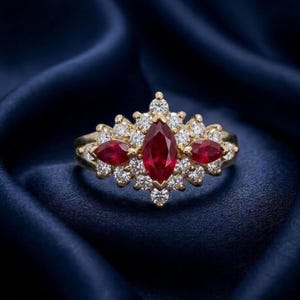 Volle Finger Marquise Rot Rubin Handgemachte Frauen Ring 14K Gelbgold & Silber Party Tragen Schmuck Geschenk