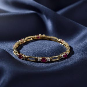Oval Ruby Diamond Bar Link Unisex Bracelet | 14K Yellow Gold Silver Wedding Bride Jewelry |
