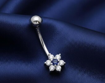 Dainty Blue Sapphire Flower Tiny Belly Women Ring 14K White Gold Button For Her